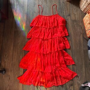 Boho-chic tiered ruffle midi dress in coral with metallic gold detailing size L